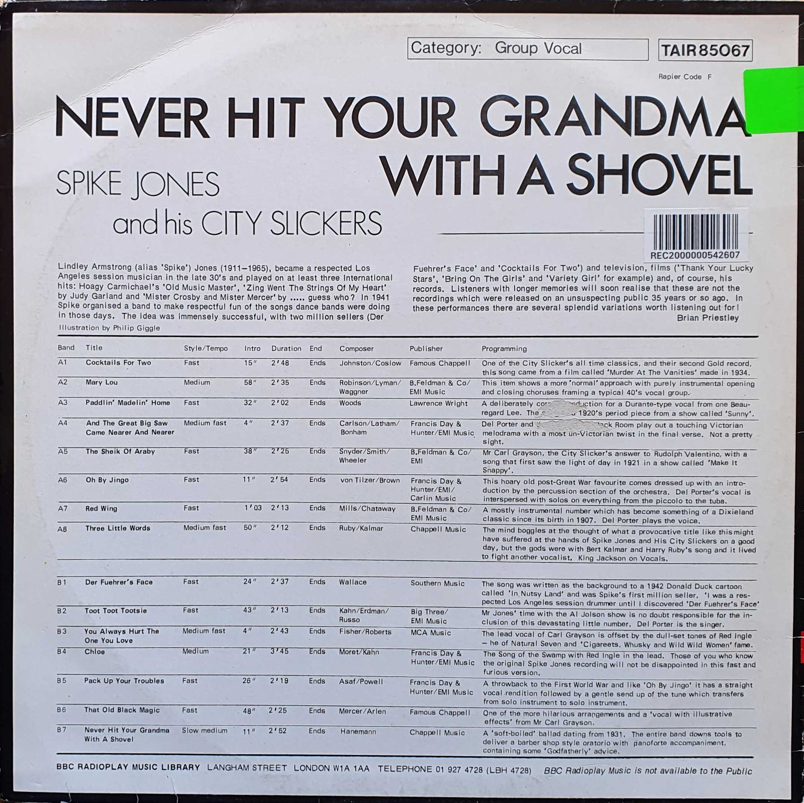 Picture of TAIR 85067 Never hit your grandma with a shovel by artist Spike Jones and his City Slickers from the BBC records and Tapes library